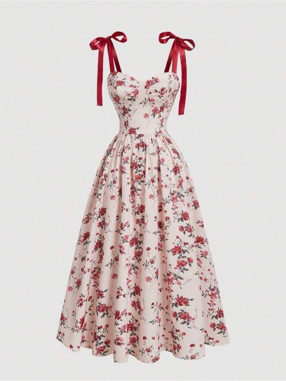 Tie-Shoulder Floral Midi Dress in Blush and Red milkmaid